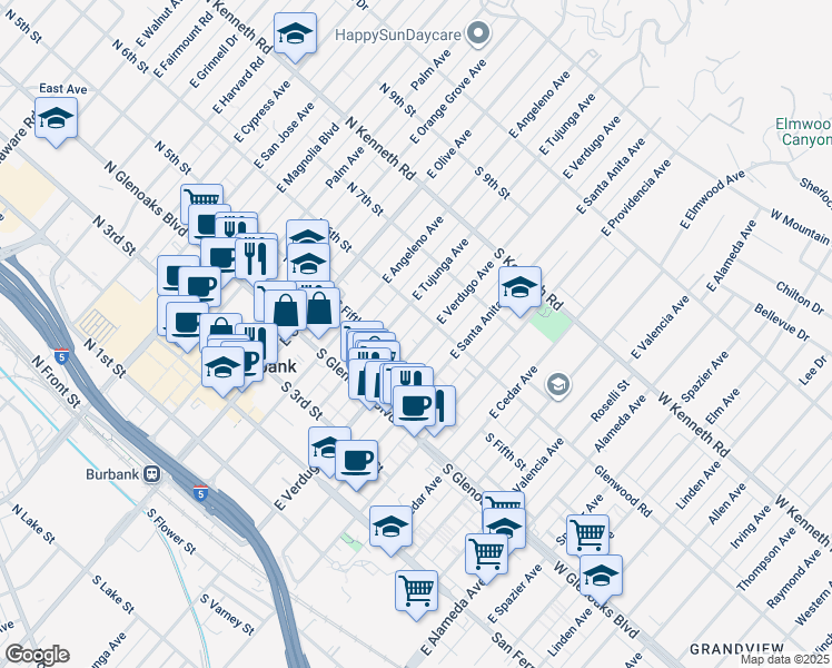 map of restaurants, bars, coffee shops, grocery stores, and more near 557 East Verdugo Avenue in Burbank
