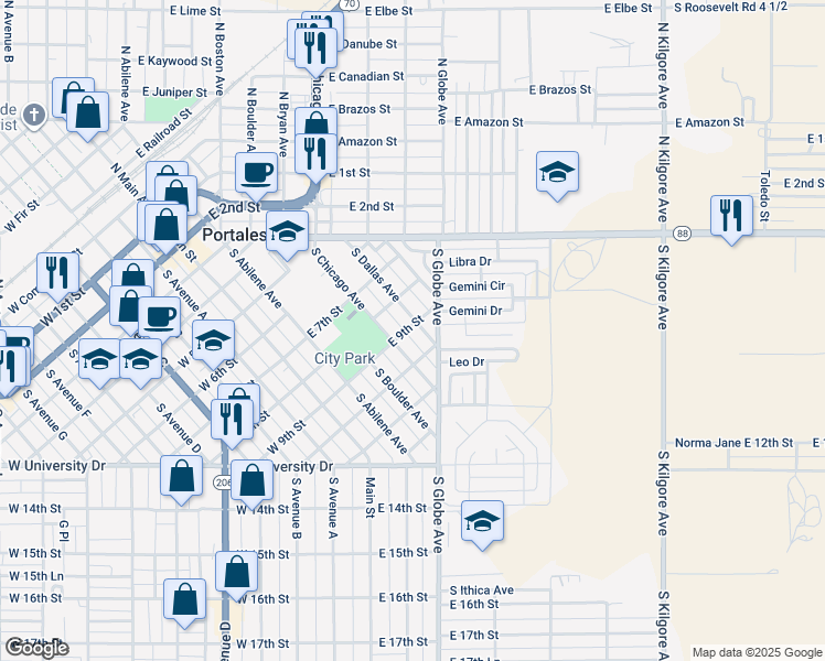 map of restaurants, bars, coffee shops, grocery stores, and more near 815 South Dallas Avenue in Portales