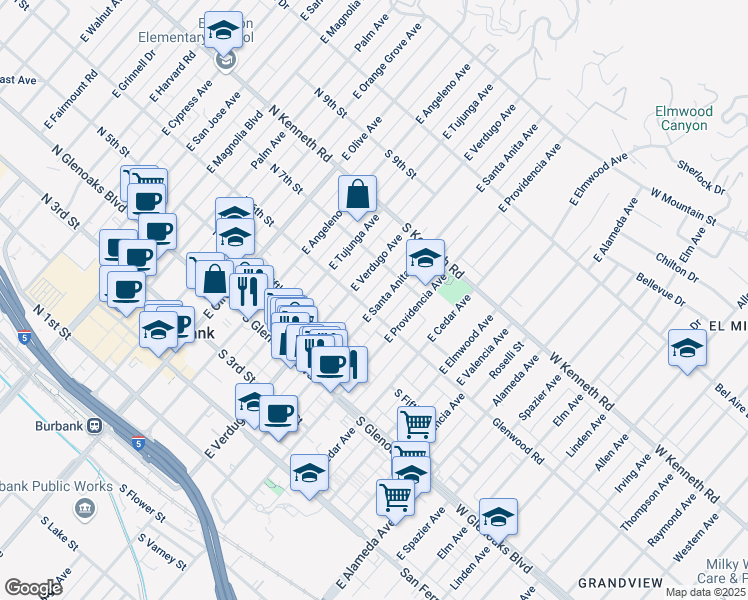 map of restaurants, bars, coffee shops, grocery stores, and more near 602 East Verdugo Avenue in Burbank