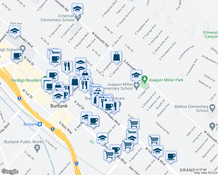 map of restaurants, bars, coffee shops, grocery stores, and more near 544 East Tujunga Avenue in Burbank