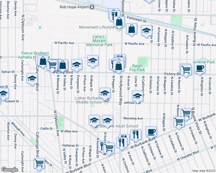map of restaurants, bars, coffee shops, grocery stores, and more near 1915 North Screenland Drive in Burbank