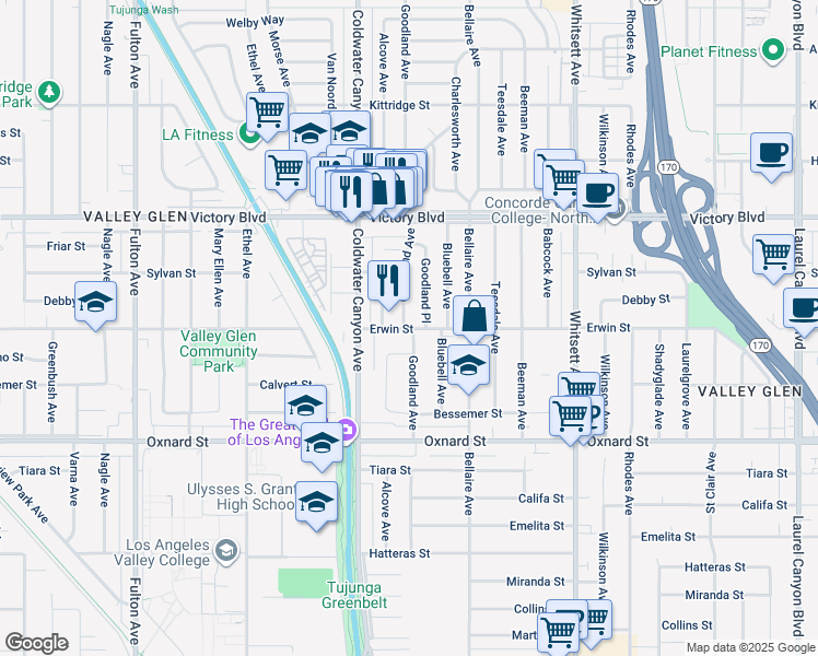 map of restaurants, bars, coffee shops, grocery stores, and more near 6215 Goodland Place in Los Angeles