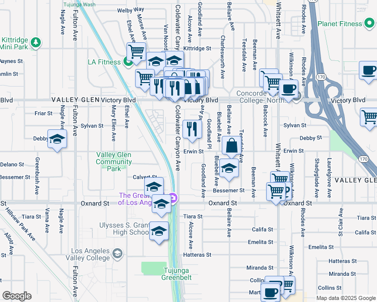 map of restaurants, bars, coffee shops, grocery stores, and more near 6215 Alcove Avenue in Los Angeles