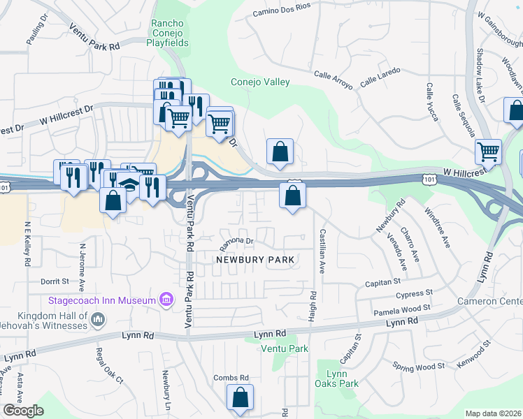 map of restaurants, bars, coffee shops, grocery stores, and more near 1180 Newbury Road in Thousand Oaks