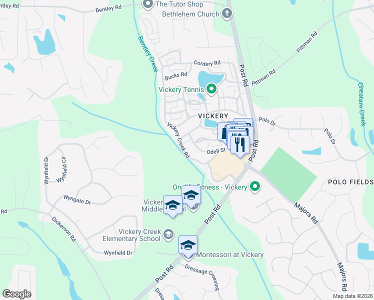 map of restaurants, bars, coffee shops, grocery stores, and more near 6210 Vickery Creek Road in Cumming