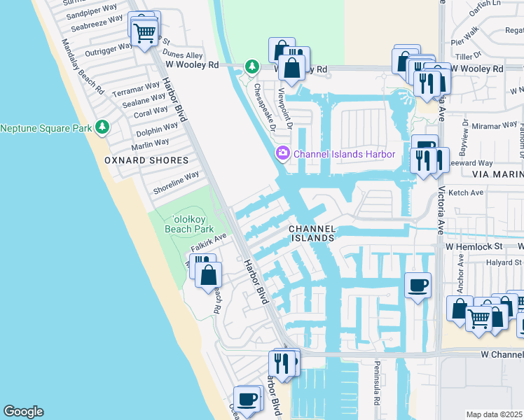 map of restaurants, bars, coffee shops, grocery stores, and more near 4535 Falkirk Bay in Oxnard