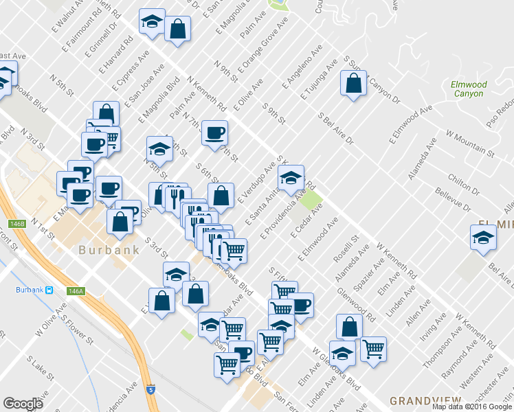 map of restaurants, bars, coffee shops, grocery stores, and more near 611 East Santa Anita Avenue in Burbank