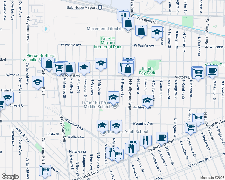 map of restaurants, bars, coffee shops, grocery stores, and more near 1903 North Screenland Drive in Burbank