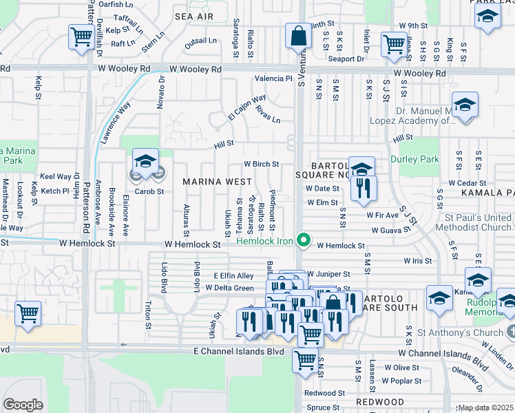 map of restaurants, bars, coffee shops, grocery stores, and more near 1711 Rialto Street in Oxnard