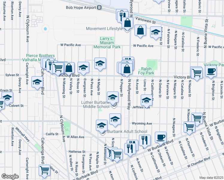 map of restaurants, bars, coffee shops, grocery stores, and more near 1903 North Screenland Drive in Burbank