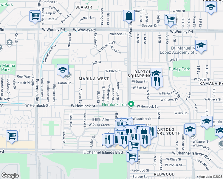 map of restaurants, bars, coffee shops, grocery stores, and more near 1711 Rialto Street in Oxnard