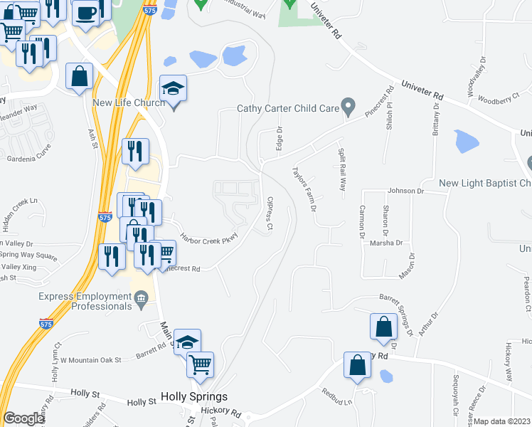 map of restaurants, bars, coffee shops, grocery stores, and more near 127 Cypress Court in Canton