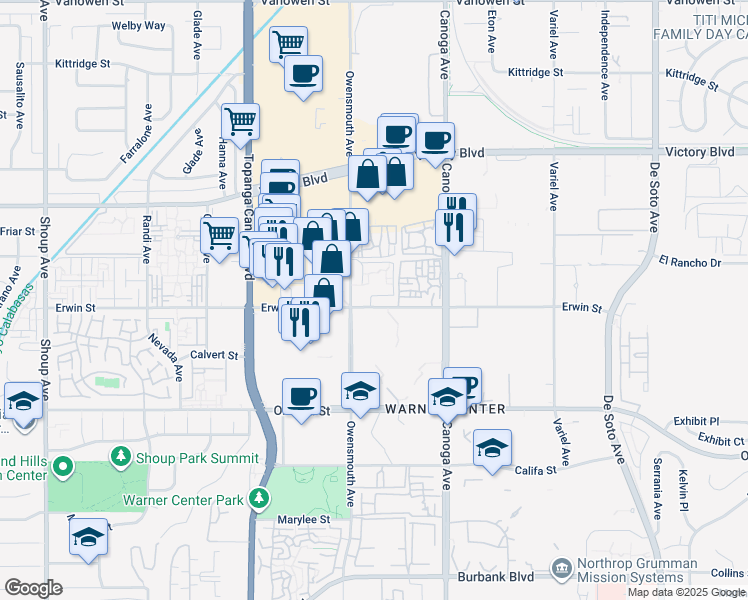 map of restaurants, bars, coffee shops, grocery stores, and more near 21601 Erwin Street in Los Angeles