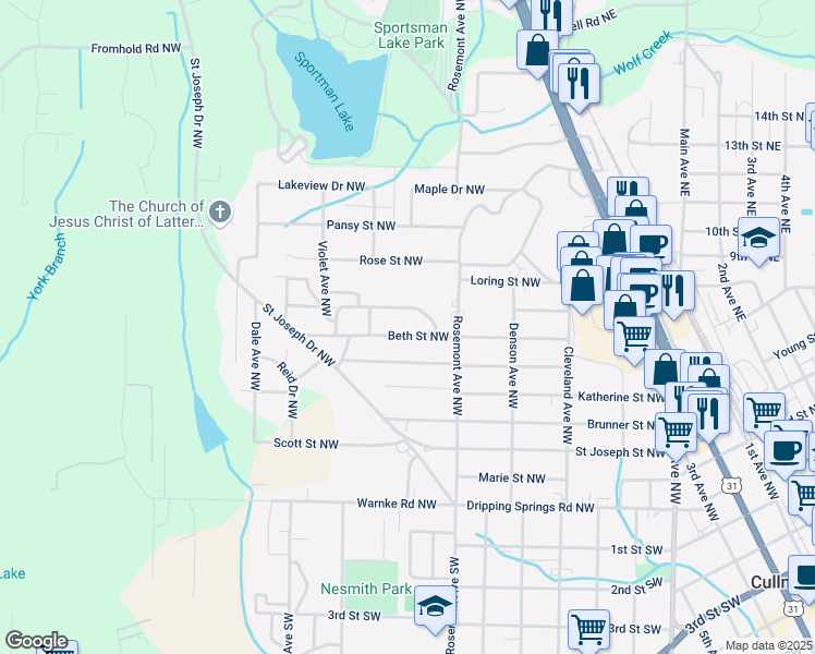 map of restaurants, bars, coffee shops, grocery stores, and more near 1530 MH Woodard Mount Drive in Cullman