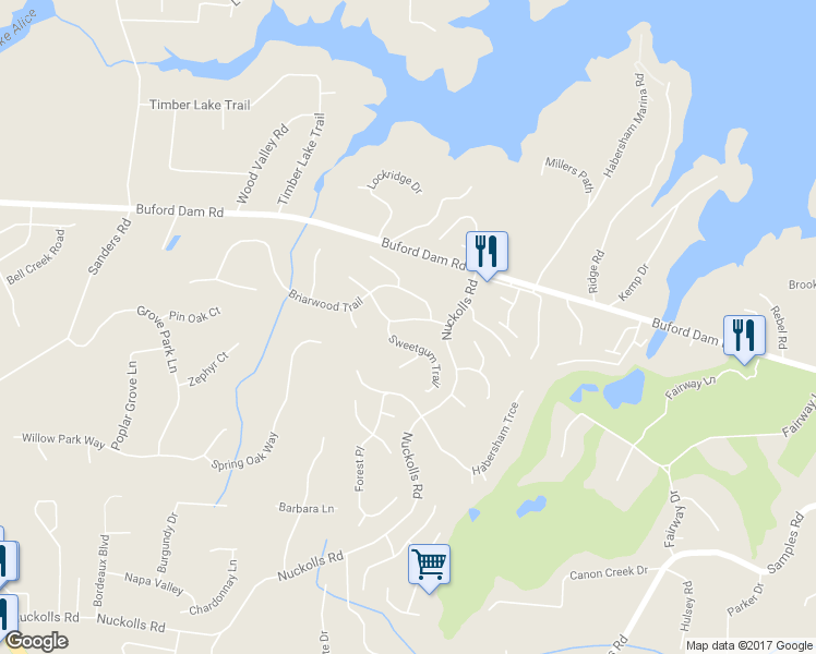 map of restaurants, bars, coffee shops, grocery stores, and more near 1825 Crescent Ridge in Cumming