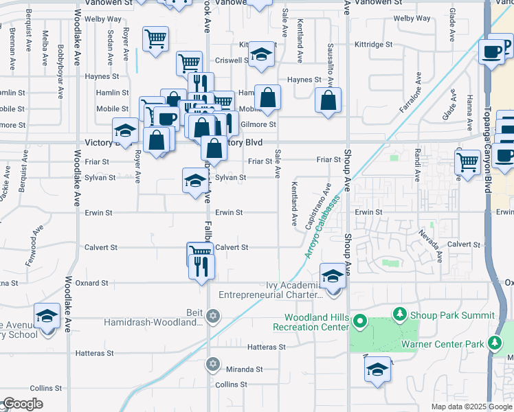 map of restaurants, bars, coffee shops, grocery stores, and more near 22637 Erwin Street in Los Angeles