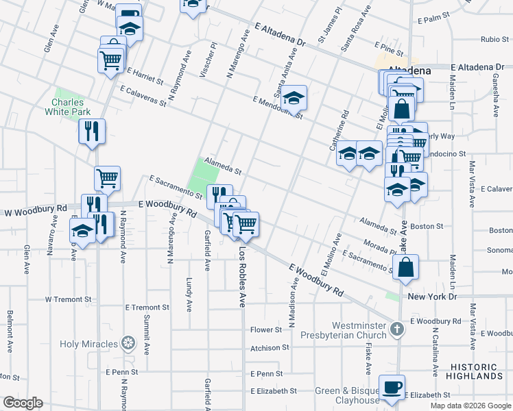 map of restaurants, bars, coffee shops, grocery stores, and more near 451 East Sacramento Street in Altadena