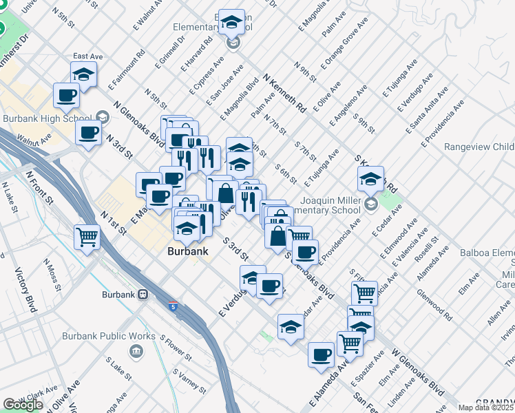 map of restaurants, bars, coffee shops, grocery stores, and more near 522 East Angeleno Avenue in Burbank