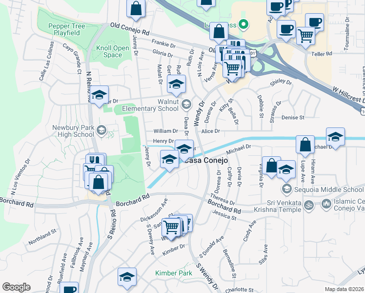map of restaurants, bars, coffee shops, grocery stores, and more near 3305 Henry Drive in Ventura County