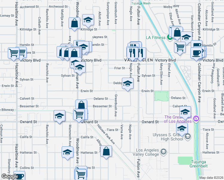 map of restaurants, bars, coffee shops, grocery stores, and more near 13459 Erwin Street in Los Angeles
