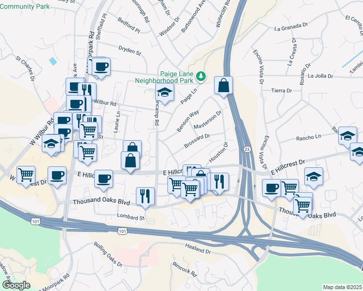 map of restaurants, bars, coffee shops, grocery stores, and more near 627 Brossard Drive in Thousand Oaks