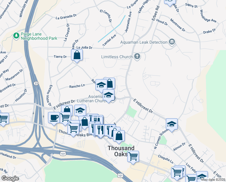 map of restaurants, bars, coffee shops, grocery stores, and more near 1601 East Hillcrest Drive in Thousand Oaks