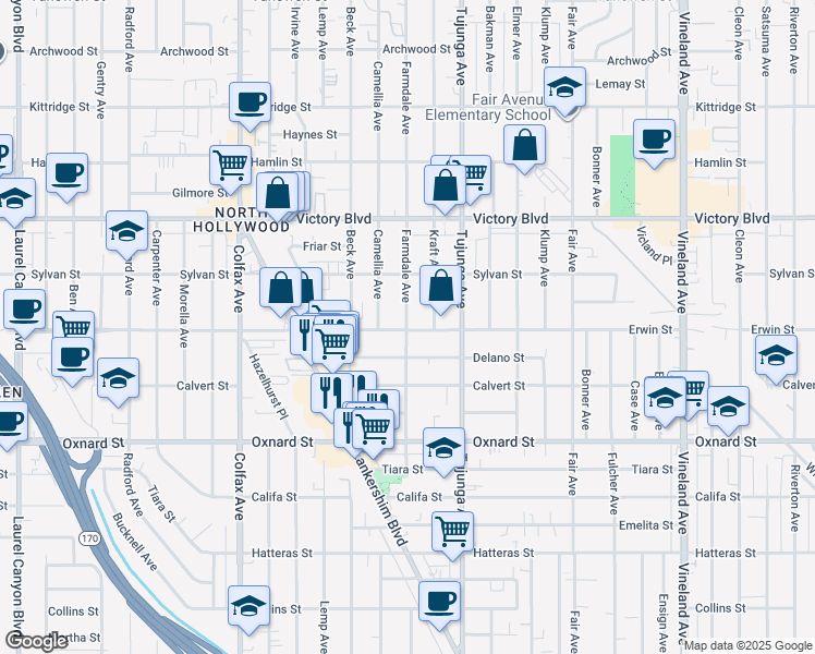 map of restaurants, bars, coffee shops, grocery stores, and more near 6640 Farmdale Avenue in Los Angeles