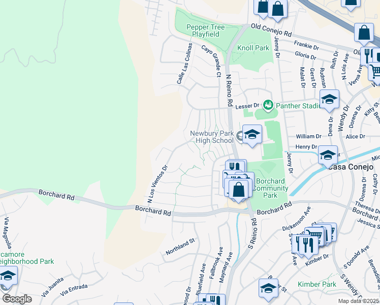 map of restaurants, bars, coffee shops, grocery stores, and more near 3900 Loreto Circle in Thousand Oaks