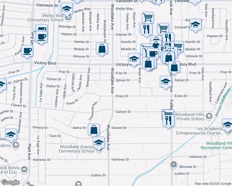 map of restaurants, bars, coffee shops, grocery stores, and more near 23129 Erwin Street in Los Angeles