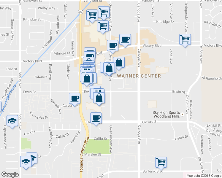 map of restaurants, bars, coffee shops, grocery stores, and more near 21701 Erwin Street in Los Angeles