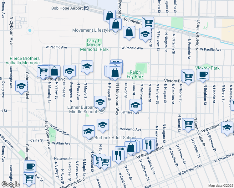 map of restaurants, bars, coffee shops, grocery stores, and more near 1909 North Hollywood Way in Burbank