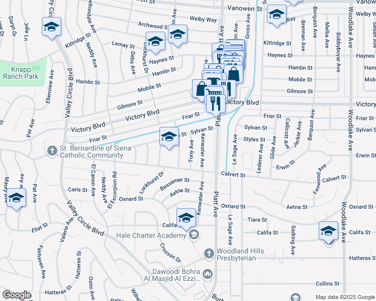 map of restaurants, bars, coffee shops, grocery stores, and more near 6201 Tony Avenue in Los Angeles