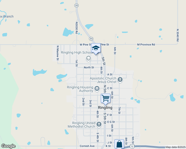 map of restaurants, bars, coffee shops, grocery stores, and more near 302 A Street in Ringling