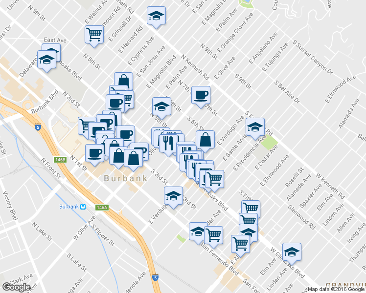 map of restaurants, bars, coffee shops, grocery stores, and more near 470 East Angeleno Avenue in Burbank