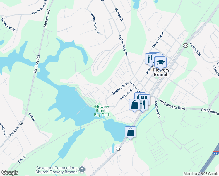 map of restaurants, bars, coffee shops, grocery stores, and more near 6459 Topside Avenue in Flowery Branch