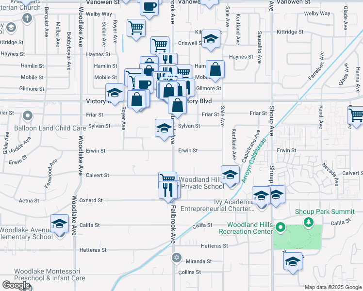 map of restaurants, bars, coffee shops, grocery stores, and more near 22745 Erwin Street in Los Angeles