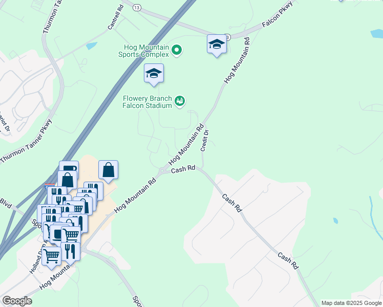 map of restaurants, bars, coffee shops, grocery stores, and more near 4521 Hog Mountain Road in Flowery Branch