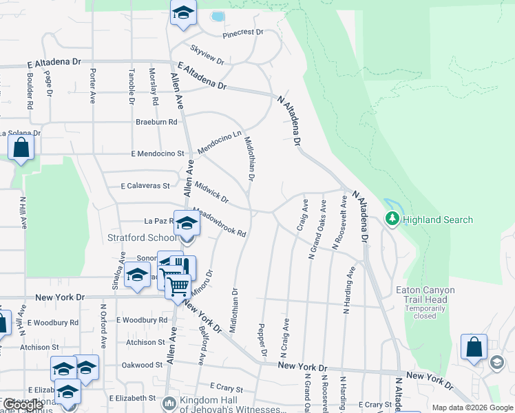 map of restaurants, bars, coffee shops, grocery stores, and more near 2210 Midlothian Drive in Altadena