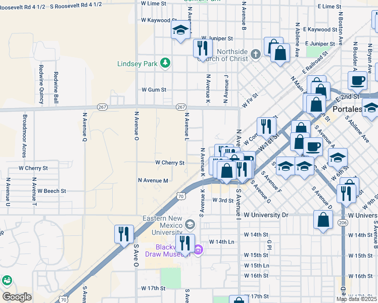 map of restaurants, bars, coffee shops, grocery stores, and more near 401 North Avenue L in Portales