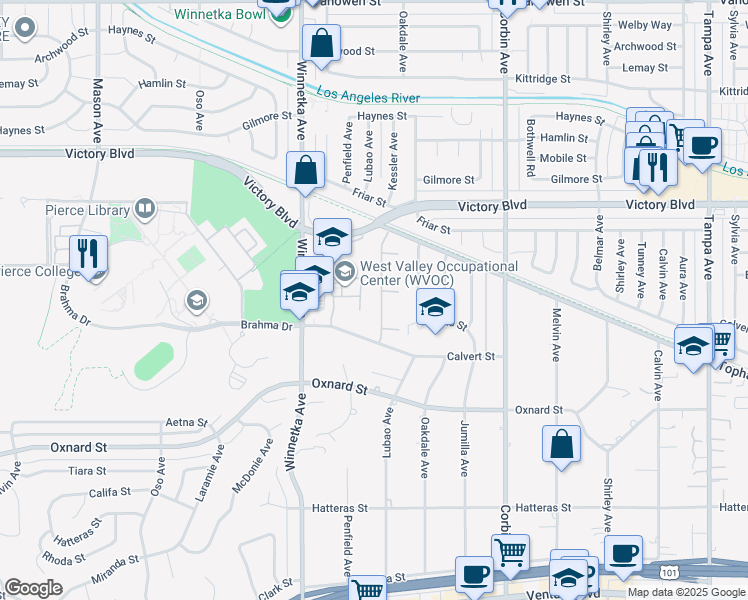 map of restaurants, bars, coffee shops, grocery stores, and more near 6233 Penfield Avenue in Los Angeles