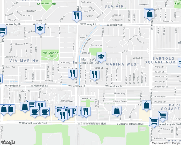 map of restaurants, bars, coffee shops, grocery stores, and more near 1700 Elsinore Avenue in Oxnard