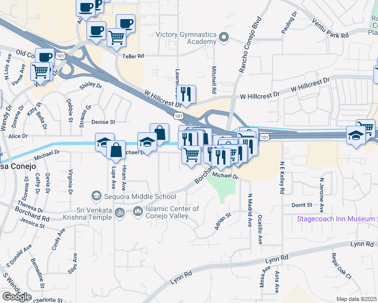 map of restaurants, bars, coffee shops, grocery stores, and more near 2405 Michael Drive in Thousand Oaks