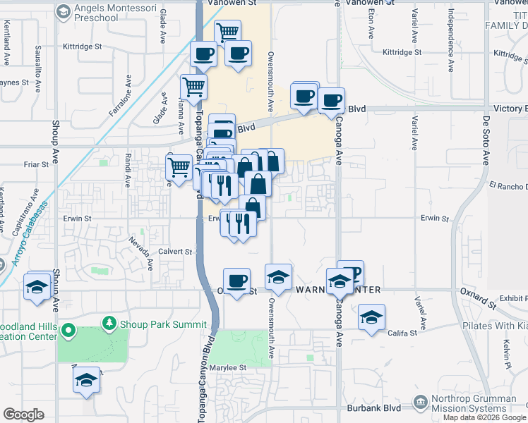 map of restaurants, bars, coffee shops, grocery stores, and more near 21701 Erwin Street in Los Angeles