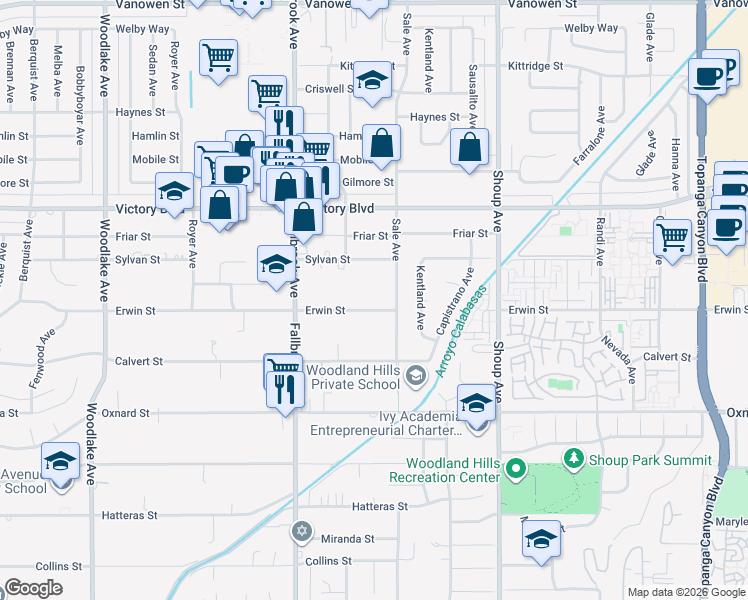 map of restaurants, bars, coffee shops, grocery stores, and more near 22625 Erwin Street in Los Angeles