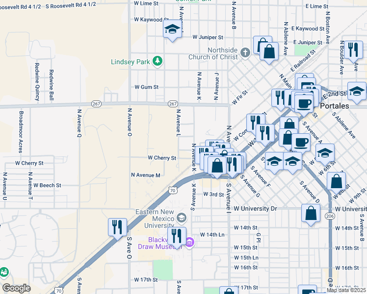 map of restaurants, bars, coffee shops, grocery stores, and more near 409 North Avenue K in Portales