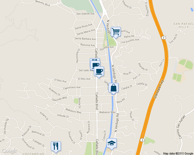 map of restaurants, bars, coffee shops, grocery stores, and more near 2506 Cañada Boulevard in Glendale