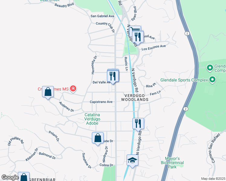 map of restaurants, bars, coffee shops, grocery stores, and more near 2512 Weston Place in Glendale