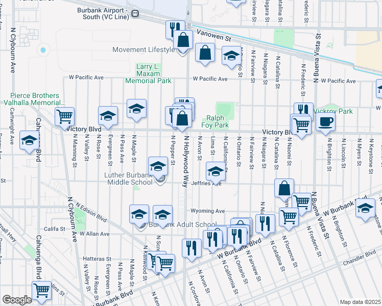 map of restaurants, bars, coffee shops, grocery stores, and more near 1817 North Avon Street in Burbank