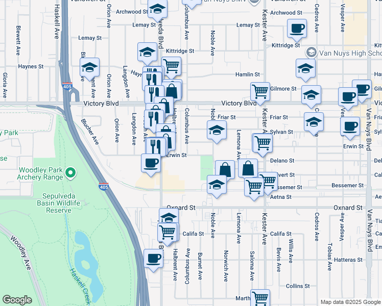 map of restaurants, bars, coffee shops, grocery stores, and more near 6215 Columbus Avenue in Los Angeles