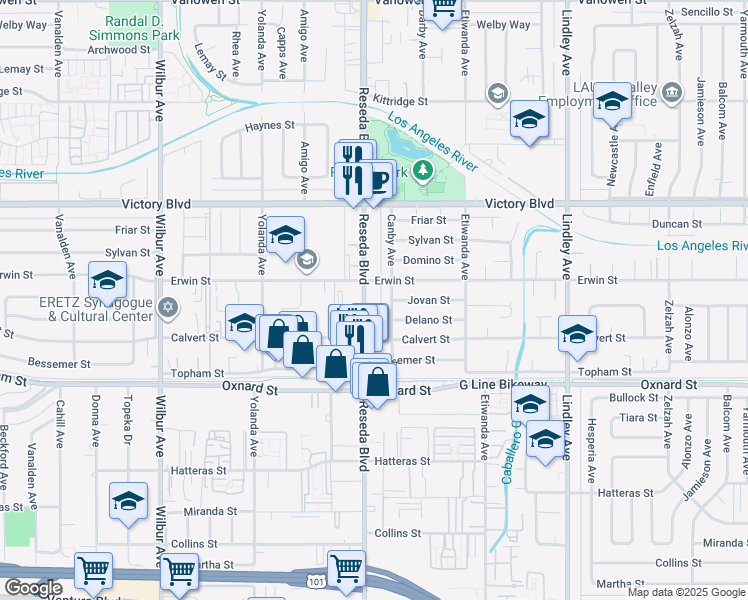 map of restaurants, bars, coffee shops, grocery stores, and more near 6230 Reseda Boulevard in Los Angeles